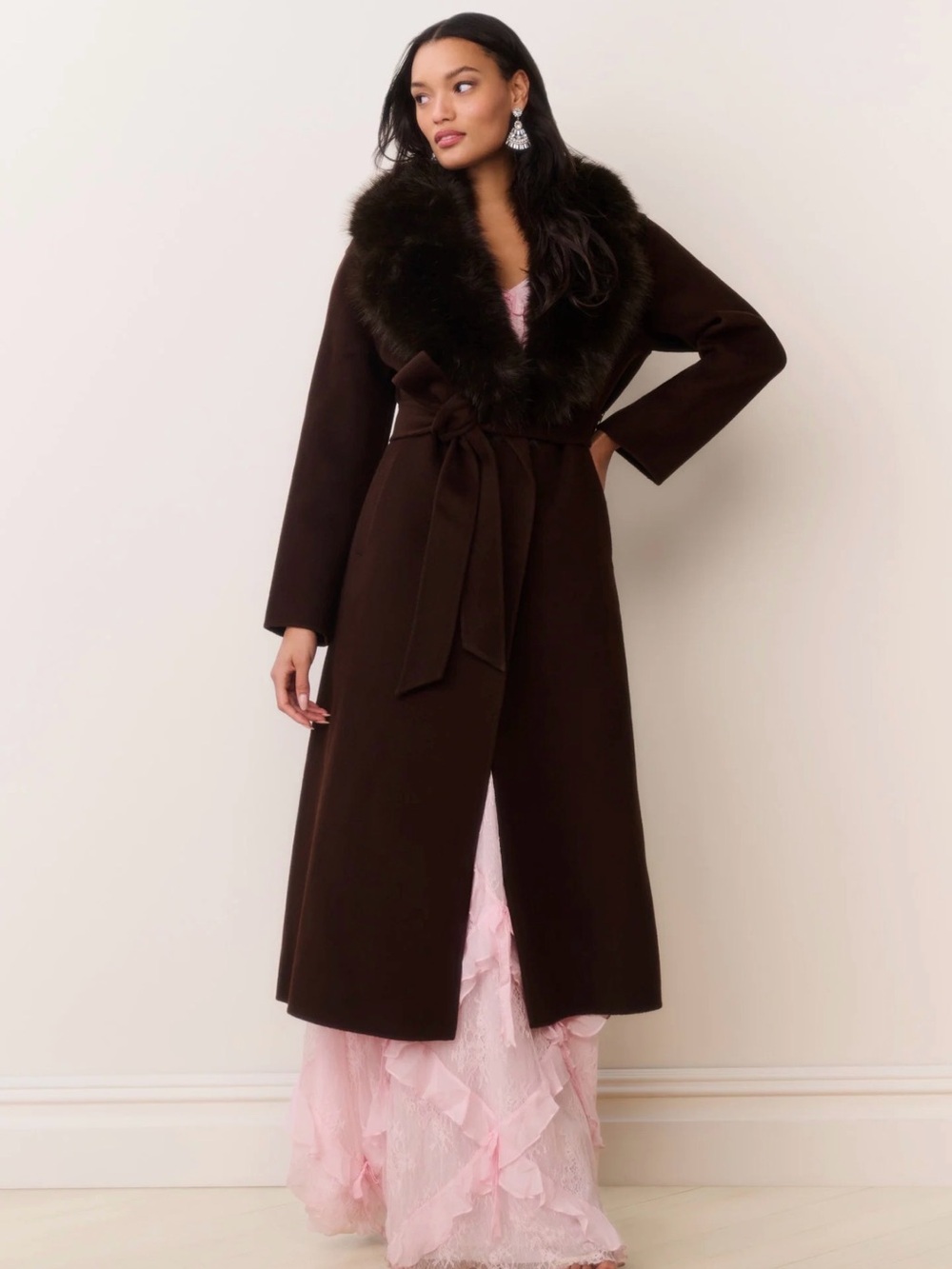 LoveShackFancy Kenzia Faux Fur Collar Wool Wrap Coat